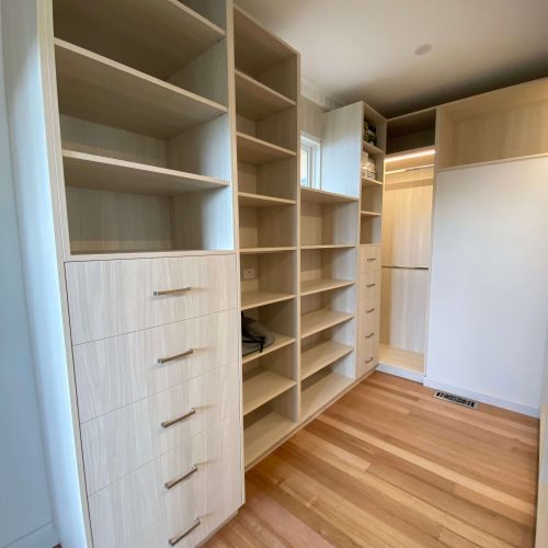 open shelf and drawers